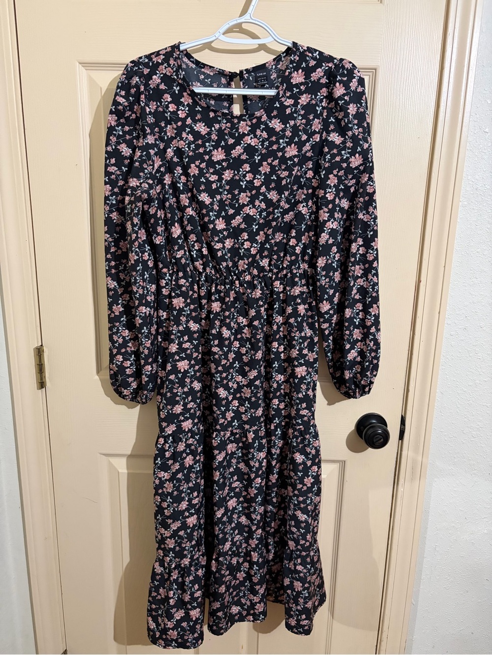 SHEIN Black Floral Midi Dress with Pink Flowers